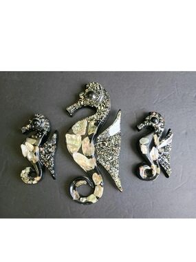 Vintage Abalone Shell Lucite Seahorse Wall Art Set Of 3 MCM Retro Coastal Charm